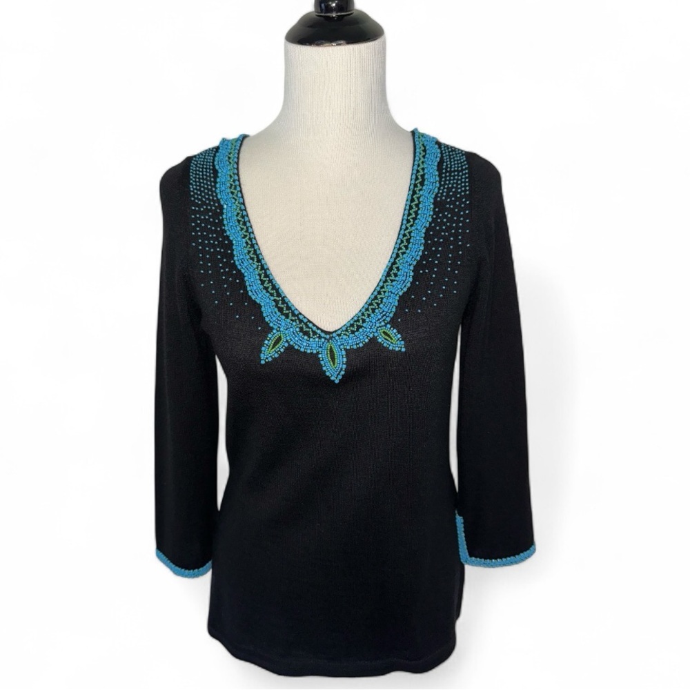 Saks Fifth Avenue Black Cashmere Top Sweater with Turquoise and Green Beading